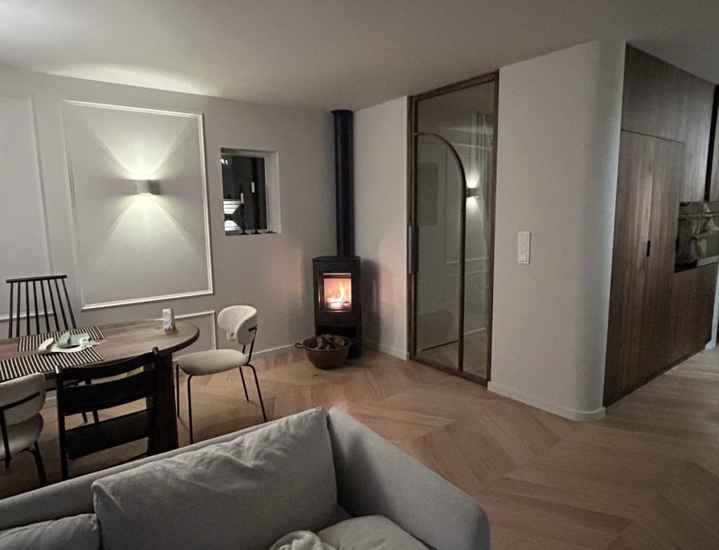 Glass door with wooden frame and arch